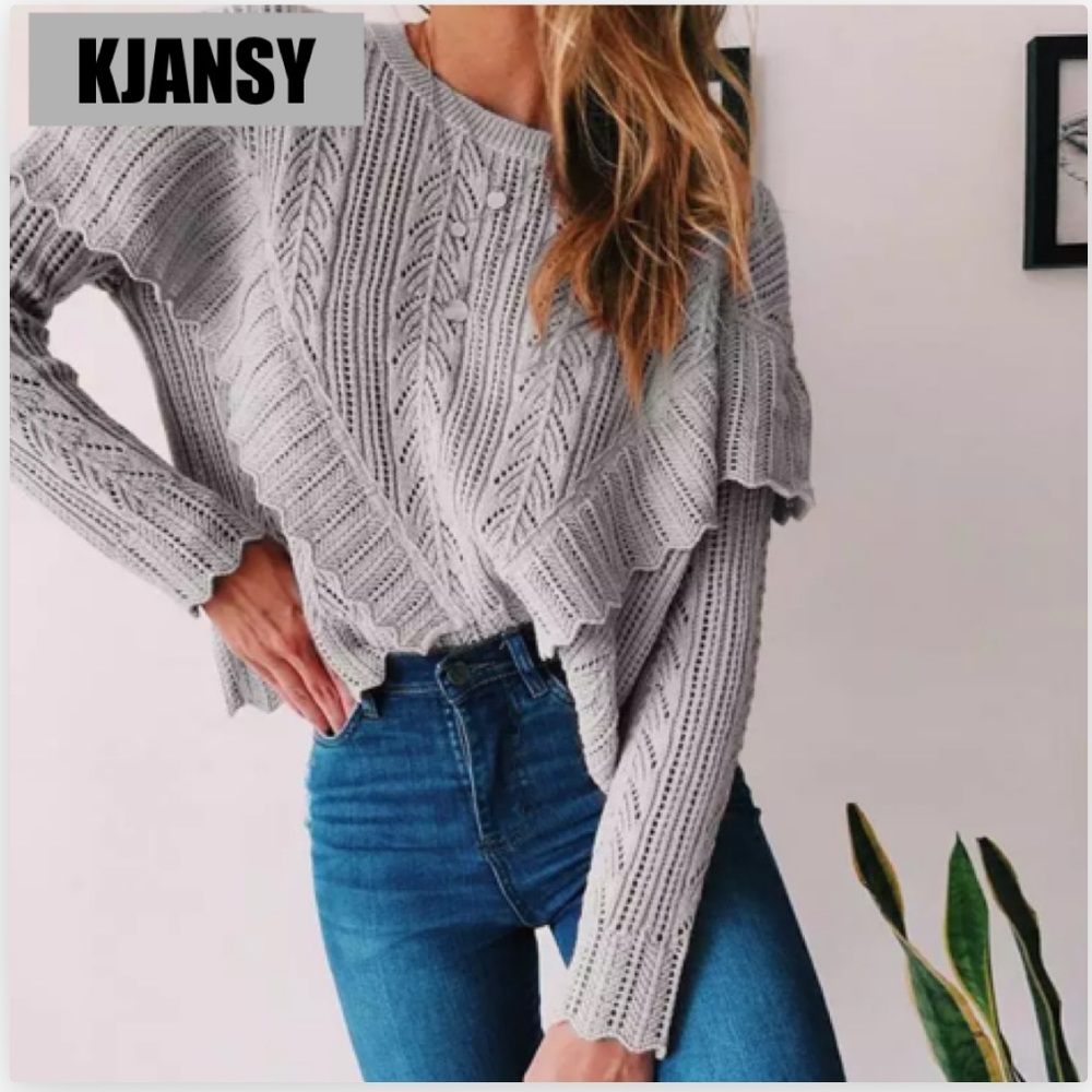 Gray Ruffled Sweater Top - Picture 3 of 7
